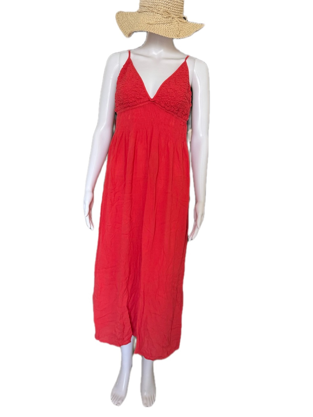Red Spaghetti-Strap Maxi Dress with Textured Bust